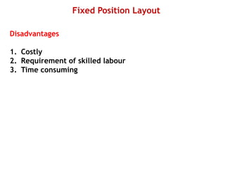 Fixed Position Layout
Disadvantages
1. Costly
2. Requirement of skilled labour
3. Time consuming
 