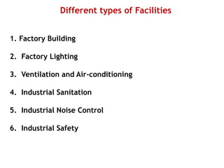 Different types of Facilities
1. Factory Building
2. Factory Lighting
3. Ventilation and Air-conditioning
4. Industrial Sanitation
5. Industrial Noise Control
6. Industrial Safety
 
