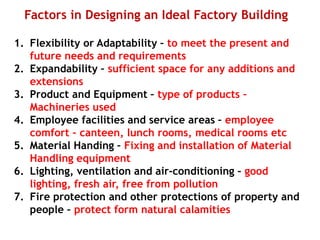 Factors in Designing an Ideal Factory Building
1. Flexibility or Adaptability – to meet the present and
future needs and requirements
2. Expandability – sufficient space for any additions and
extensions
3. Product and Equipment – type of products –
Machineries used
4. Employee facilities and service areas – employee
comfort – canteen, lunch rooms, medical rooms etc
5. Material Handing – Fixing and installation of Material
Handling equipment
6. Lighting, ventilation and air-conditioning – good
lighting, fresh air, free from pollution
7. Fire protection and other protections of property and
people – protect form natural calamities
 