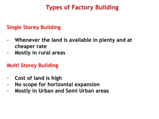Types of Factory Building
Single Storey Building
- Whenever the land is available in plenty and at
cheaper rate
- Mostly in rural areas
Multi Storey Building
- Cost of land is high
- No scope for horizontal expansion
- Mostly in Urban and Semi Urban areas
 