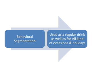 Behavioral
Segmentation
Used as a regular drink
as well as for All kind
of occasions & holidays
 