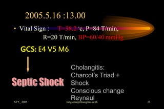 2005.5.16 :13.00
• Vital Sign : T=38.2 ◦c, P=84 T/min,
           R=20 T/min, BP=60/40 mmHg
    GCS: E4 V5 M6

                      Cholangitis:
                      Charcot’s Triad +
                      Shock
                      Conscious change
NP 5_ 2005
                      Reynaul
                  rangsima@chiangmai.ac.th   33
 