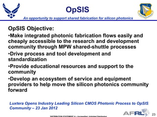 23
OpSIS
An opportunity to support shared fabrication for silicon photonics
OpSIS Objective:
•Make integrated photonic fabrication flows easily and
cheaply accessible to the research and development
community through MPW shared-shuttle processes
•Drive process and tool development and
standardization
•Provide educational resources and support to the
community
•Develop an ecosystem of service and equipment
providers to help move the silicon photonics community
forward
Luxtera Opens Industry Leading Silicon CMOS Photonic Process to OpSIS
Community – 23 Jan 2012
 