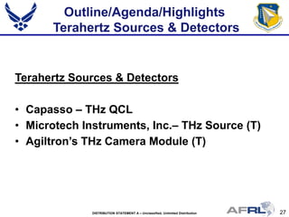 27DISTRIBUTION STATEMENT A – Unclassified, Unlimited Distribution
Outline/Agenda/Highlights
Terahertz Sources & Detectors
Terahertz Sources & Detectors
• Capasso – THz QCL
• Microtech Instruments, Inc.– THz Source (T)
• Agiltron’s THz Camera Module (T)
 