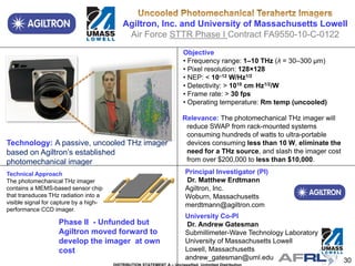 30
Agiltron, Inc. and University of Massachusetts Lowell
Air Force STTR Phase I Contract FA9550-10-C-0122
Technology: A passive, uncooled THz imager
based on Agiltron’s established
photomechanical imager
Objective
• Frequency range: 1–10 THz (λ = 30–300 µm)
• Pixel resolution: 128×128
• NEP: < 10–12 W/Hz1/2
• Detectivity: > 1010 cm Hz1/2/W
• Frame rate: > 30 fps
• Operating temperature: Rm temp (uncooled)
Relevance: The photomechanical THz imager will
reduce SWAP from rack-mounted systems
consuming hundreds of watts to ultra-portable
devices consuming less than 10 W, eliminate the
need for a THz source, and slash the imager cost
from over $200,000 to less than $10,000.
Technical Approach
The photomechanical THz imager
contains a MEMS-based sensor chip
that transduces THz radiation into a
visible signal for capture by a high-
performance CCD imager.
Phase II - Unfunded but
Agiltron moved forward to
develop the imager at own
cost
Principal Investigator (PI)
Dr. Matthew Erdtmann
Agiltron, Inc.
Woburn, Massachusetts
merdtmann@agiltron.com
University Co-PI
Dr. Andrew Gatesman
Submillimeter-Wave Technology Laboratory
University of Massachusetts Lowell
Lowell, Massachusetts
andrew_gatesman@uml.edu
 