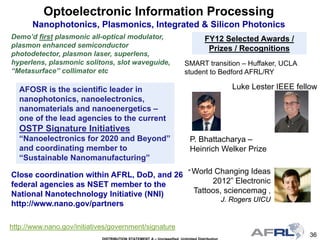 36
FY12 Selected Awards /
Prizes / Recognitions
Close coordination within AFRL, DoD, and 26
federal agencies as NSET member to the
National Nanotechnology Initiative (NNI)
http://www.nano.gov/partners
AFOSR is the scientific leader in
nanophotonics, nanoelectronics,
nanomaterials and nanoenergetics –
one of the lead agencies to the current
OSTP Signature Initiatives
“Nanoelectronics for 2020 and Beyond”
and coordinating member to
“Sustainable Nanomanufacturing”
http://www.nano.gov/initiatives/government/signature
Optoelectronic Information Processing
Nanophotonics, Plasmonics, Integrated & Silicon Photonics
Demo’d first plasmonic all-optical modulator,
plasmon enhanced semiconductor
photodetector, plasmon laser, superlens,
hyperlens, plasmonic solitons, slot waveguide,
“Metasurface” collimator etc
" World Changing Ideas
2012” Electronic
Tattoos, sciencemag ,
J. Rogers UICU
P. Bhattacharya –
Heinrich Welker Prize
Luke Lester IEEE fellow
SMART transition – Huffaker, UCLA
student to Bedford AFRL/RY
 