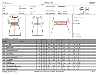 Pre-Production                                                                                             wkdesignerdress                                                                                    SFMPDV
                                                                                                       POM Specifications Worksheet                                                            Neither approved nor rejected
Apparel                                               Style              wkdesignerdress                           Folder Description      wkodesignerdress
None                                                  Product Category   Dress
None                                                                                                               Folder Status By
None                                                  Delivery Date      28 May 10                                 Date Page Created       28 May 10 01:22 PM
Spring 2010                                           Size Range          0-12
                                                                         Numeric                                   Date Page Modified      28 May 10 02:22 PM
                                                                                                                                                                         Company: SFFIDM
                                   13
                                          60
                                                                                                  61                                                                     Product Type: Shirt/Blouse
                                   12
               36
                                          1
                                                                                            151                                                                          Sample Size: 8
                                                                                                                                           20        156
                                   20
                                 157
                                           156
                                          153
                                                                                     152
                                                                                                                                         157        153                  Size Class: Missy
                    53                           91




                                          100
                                    154



                                                                                                                                                                         UOM: Imperial(in)
                                                94
                             155
                                                                                                                                                                         Shown As: Graded
Selected Range: 4, 6, 8, 10, 12, 14, 16
                                                                                           Tol (-)       Tol (+)        4         6         [8]        10        12       14         16
 POM                                                  Description

T001           CF length                                                                    -1/2           1/2       13 3/4     14 1/4     14 3/4     15 1/4    15 3/4   16 1/4    16 3/4
T012           Chest width circumference 4" down from HPS                                   -1/2           1/2       30 1/4     30 3/4     31 1/4     31 3/4    32 1/4   32 3/4    33 1/4
T013           Across shoulder                                                              -1/2           1/2       14 1/4     14 3/4     15 1/4     15 3/4    16 1/4   16 3/4    17 1/4
T020           Waist width circumference 15" down                                           -1/2           1/2       26 1/2       27       27 1/2       28      28 1/2     29      29 1/2
T036           Sleeve length top armhole                                                    -1/8           1/8        6 1/2      6 3/4        7        7 1/4     7 1/2    7 3/4       8
T053           Sleeve opening width circumference                                           -1/4           1/4       56 1/2     56 3/4       57       57 1/4    57 1/2   57 3/4      58
T060           Neck drop front                                                              -1/2           1/2          5        5 1/2        6        6 1/2       7      7 1/2       8
T065           Neck circumference                                                           -1/4           1/4       32 1/2     32 3/4       33       33 1/4    33 1/2   33 3/4      34
T091           Hip width from 23 1/2" down from HPS                                         -1/2           1/2         34       34 1/2       35       35 1/2      36     36 1/2      37
T094           Hemsweep circumference                                                       -1/2           1/2         54       54 1/2       55       55 1/2      56     56 1/2      57
T100           CF skirt length                                                              -1/2           1/2         22       22 1/2       23       23 1/2      24     24 1/2      25
T151           Welt length                                                                  -1/2           1/2         16       16 1/2       17       17 1/2      18     18 1/2      19
T152           Welt width                                                                   -1/2           1/2        -1/2         0         1/2         1       1 1/2      2       2 1/2
T153           Waist band height                                                            -1/2           1/2        7 3/4      8 1/4      8 3/4      9 1/4     9 3/4   10 1/4    10 3/4
T154           CF skirt overlay length                                                      -1/2           1/2       22 1/2       23       23 1/2       24      24 1/2     25      25 1/2
T155           Hemsweep overlay circumference                                               -1/4           1/4       55 1/2     55 3/4       56       56 1/4    56 1/2   56 3/4      57
T156           Waist band overlay height                                                    -1/4           1/4       26 3/4     27 1/4     27 3/4     28 1/4    28 3/4   29 1/4    29 3/4
T157           Waist band overlay width                                                     -1/4           1/4          8        8 1/2        9        9 1/2      10     10 1/2      11
Printed: 29 MAY 2010 01:49 PM                                                    Copyright © 1999-2010 by Gerber Technology. All rights reserved.                                                                Page 1 of 1
1_WARPAML.rptWorkSheet1 (W: 5.1.34, PJ: 5.1.34)
 