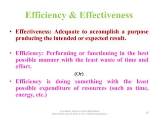 • Effectiveness: Adequate to accomplish a purpose
producing the intended or expected result.
• Efficiency: Performing or functioning in the best
possible manner with the least waste of time and
effort.
(Or)
• Efficiency is doing something with the least
possible expenditure of resources (such as time,
energy, etc.)
Efficiency & Effectiveness
15
S.PALANIVEL ASSOCIATE PROF./MECH ENGG
KAMARAJ COLLEGE OF ENGG. & TECH. VIRUDHUNAGAR(Near)
 