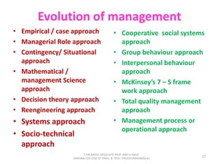 Evolution of management
• Empirical / case approach
• Managerial Role approach
• Contingency/ Situational
approach
• Mathematical /
management Science
approach
• Decision theory approach
• Reengineering approach
• Systems approach
• Socio-technical
approach
• Cooperative social systems
approach
• Group behaviour approach
• Interpersonal behaviour
approach
• McKinsey’s 7 – S frame
work approach
• Total quality management
approach
• Management process or
operational approach
27
S.PALANIVEL ASSOCIATE PROF./MECH ENGG
KAMARAJ COLLEGE OF ENGG. & TECH. VIRUDHUNAGAR(Near)
 