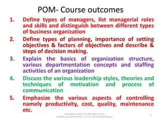 POM- Course outcomes
1. Define types of managers, list managerial roles
and skills and distinguish between different types
of business organization
2. Define types of planning, importance of setting
objectives & factors of objectives and describe &
steps of decision making.
3. Explain the basics of organization structure,
various departmentation concepts and staffing
activities of an organization
4. Discuss the various leadership styles, theories and
techniques of motivation and process of
communication
5. Emphasize the various aspects of controlling
namely productivity, cost, quality, maintenance
etc.
3
S.PALANIVEL ASSOCIATE PROF./MECH ENGG
KAMARAJ COLLEGE OF ENGG. & TECH. VIRUDHUNAGAR(Near)
 