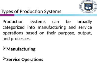 Types of Production Systems
Production systems can be broadly
categorized into manufacturing and service
operations based on their purpose, output,
and processes.
Manufacturing
Service Operations
 