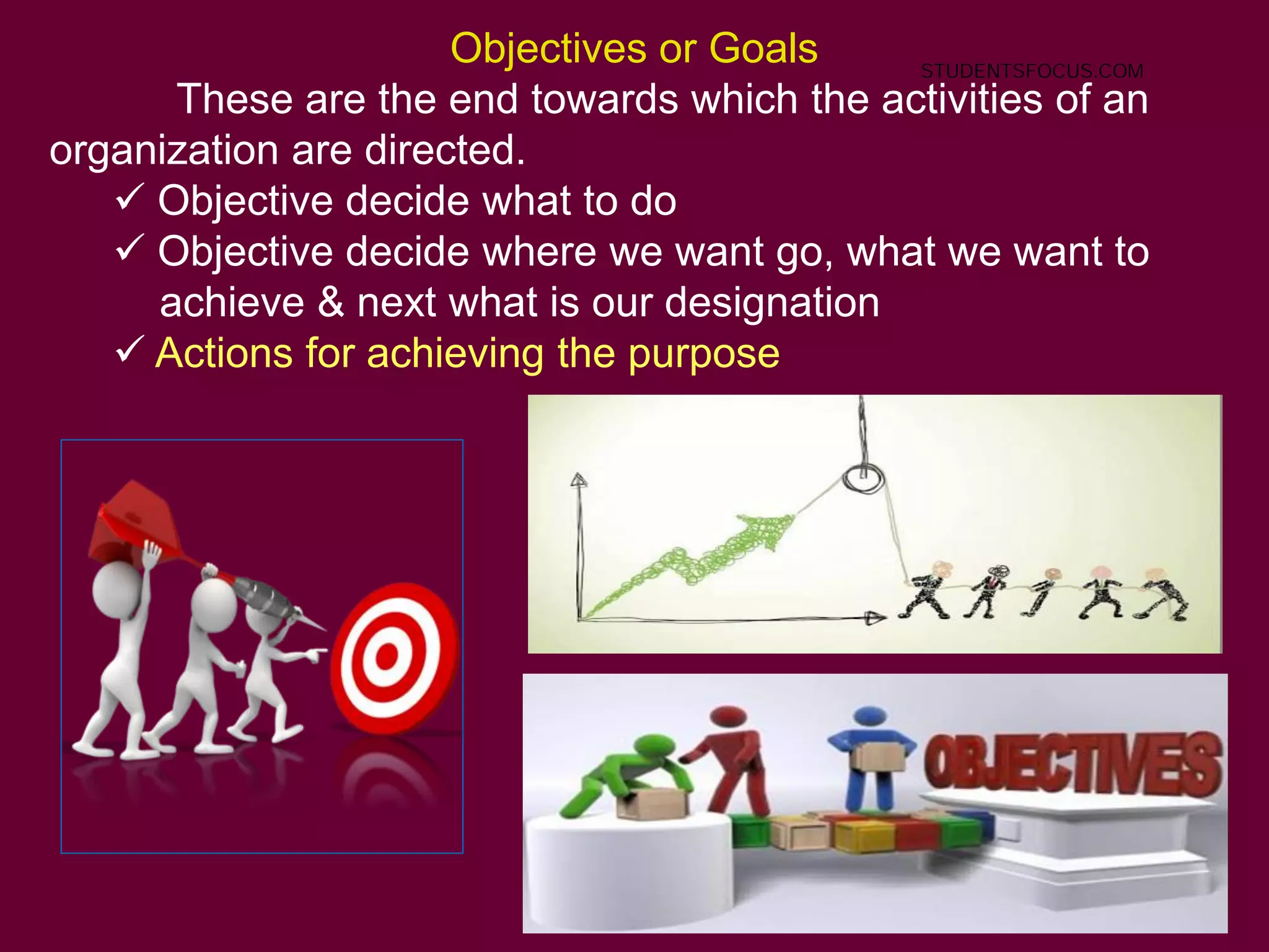 Objectives or Goals
These are the end towards which the activities of an
organization are directed.
 Objective decide what to do
 Objective decide where we want go, what we want to
achieve & next what is our designation
 Actions for achieving the purpose
STUDENTSFOCUS.COM
 