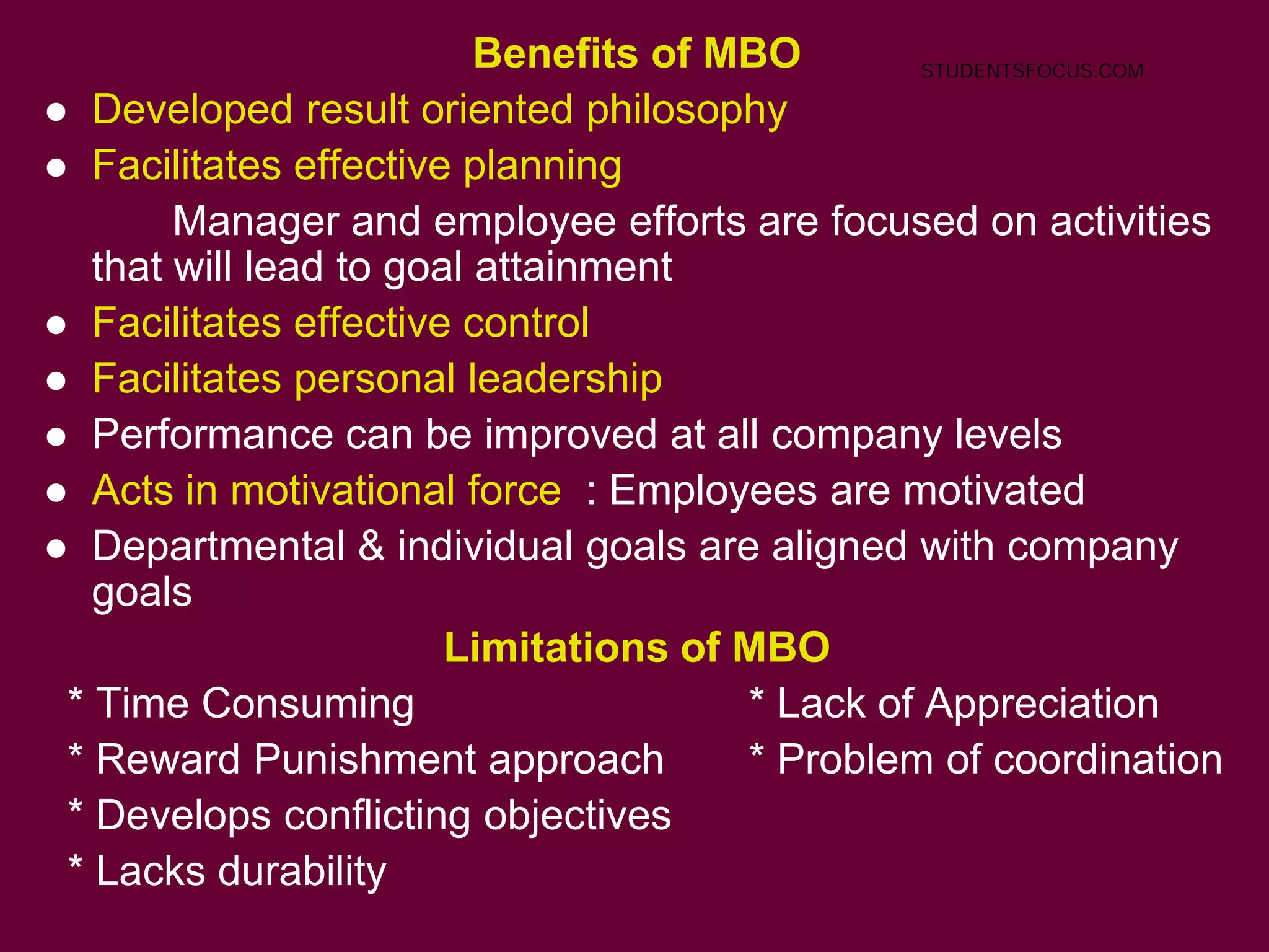 Benefits of MBO
 Developed result oriented philosophy
 Facilitates effective planning
Manager and employee efforts are focused on activities
that will lead to goal attainment
 Facilitates effective control
 Facilitates personal leadership
 Performance can be improved at all company levels
 Acts in motivational force : Employees are motivated
 Departmental & individual goals are aligned with company
goals
Limitations of MBO
* Time Consuming * Lack of Appreciation
* Reward Punishment approach * Problem of coordination
* Develops conflicting objectives
* Lacks durability
STUDENTSFOCUS.COM
 