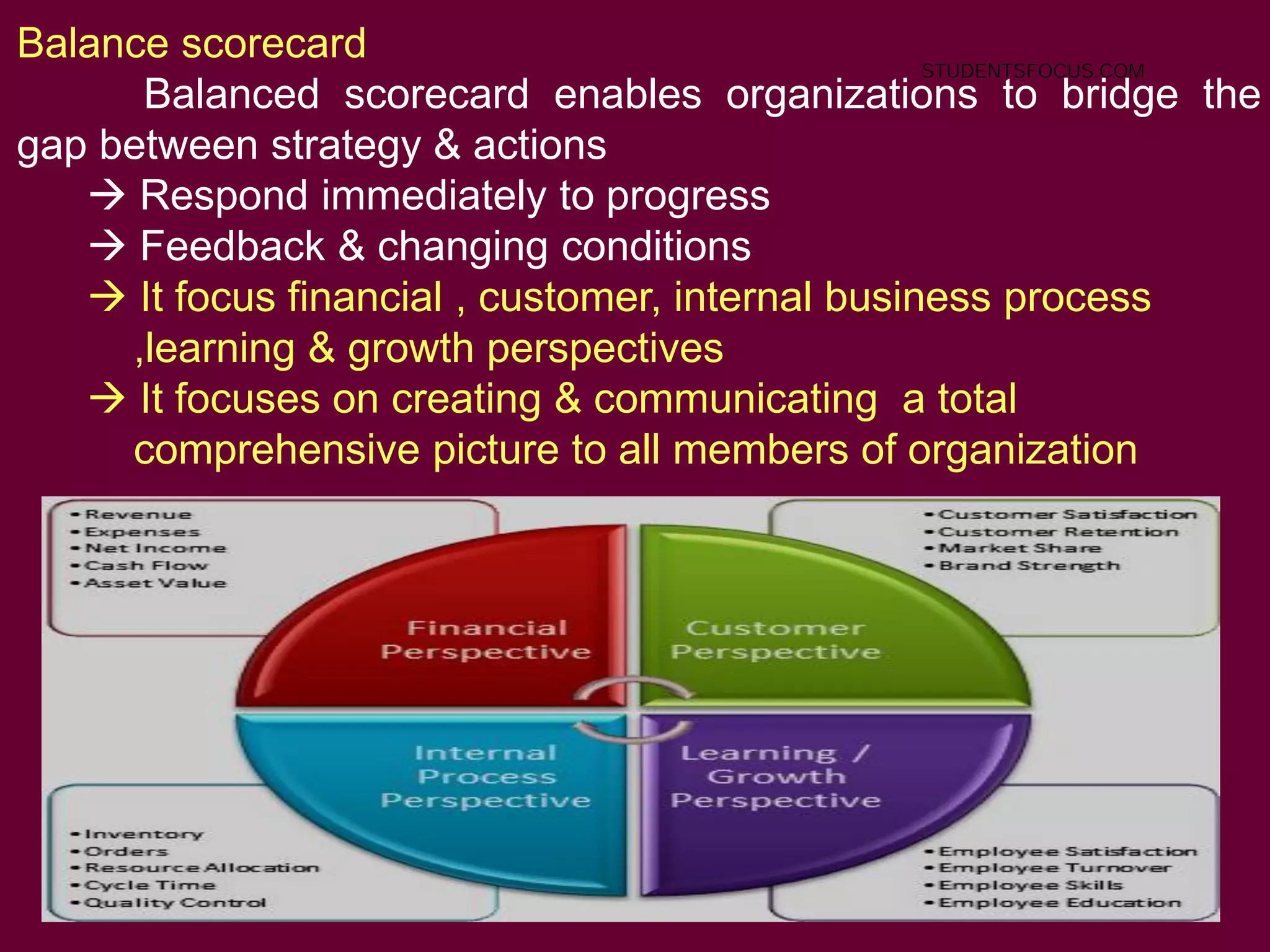 66
Balance scorecard
Balanced scorecard enables organizations to bridge the
gap between strategy & actions
 Respond immediately to progress
 Feedback & changing conditions
 It focus financial , customer, internal business process
,learning & growth perspectives
 It focuses on creating & communicating a total
comprehensive picture to all members of organization
STUDENTSFOCUS.COM
 