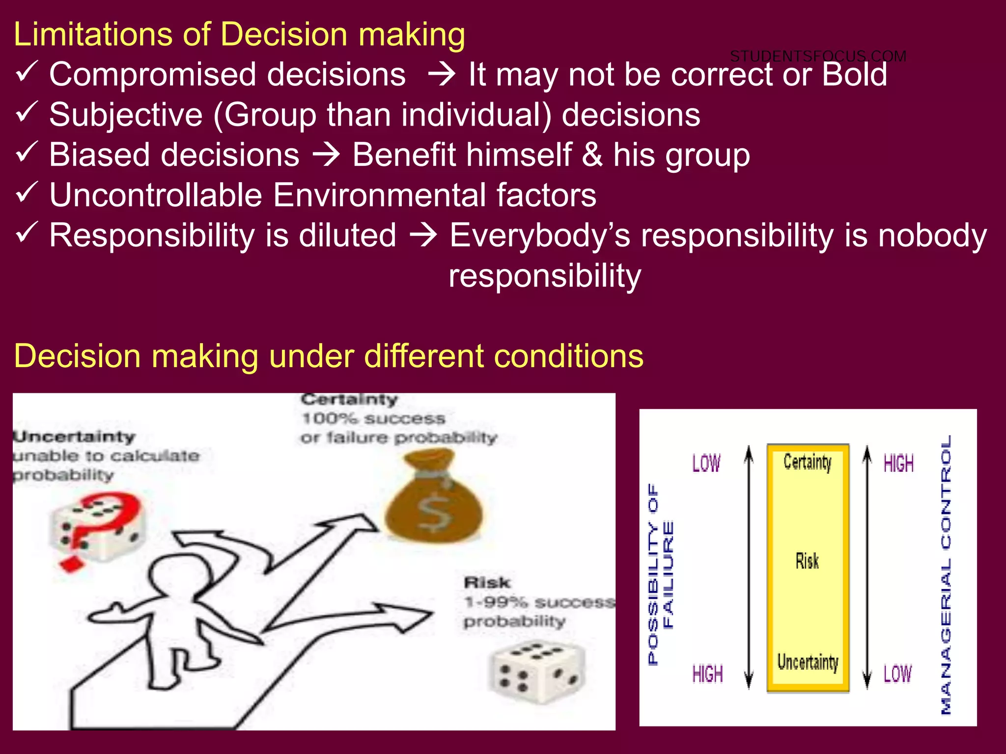76
Limitations of Decision making
 Compromised decisions  It may not be correct or Bold
 Subjective (Group than individual) decisions
 Biased decisions  Benefit himself & his group
 Uncontrollable Environmental factors
 Responsibility is diluted  Everybody’s responsibility is nobody
responsibility
Decision making under different conditions
STUDENTSFOCUS.COM
 