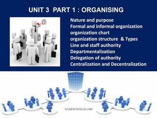 UNIT 3 PART 1 : ORGANISING
Nature and purpose
Formal and informal organization
organization chart
organization structure & Types
Line and staff authority
Departmentalization
Delegation of authority
Centralization and Decentralization
STUDENTSFOCUS.COM
 