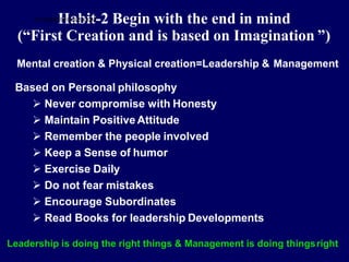 Mental creation & Physical creation=Leadership & Management
Based on Personal philosophy
 Never compromise with Honesty
 Maintain Positive Attitude
 Remember the people involved
 Keep a Sense of humor
 Exercise Daily
 Do not fear mistakes
 Encourage Subordinates
 Read Books for leadership Developments
Leadership is doing the right things & Management is doing thingsright
STUDENT
H
SFOa
CUb
S.C
i
Ot
M-2 Begin with the end in mind
(“First Creation and is based on Imagination ”)
 