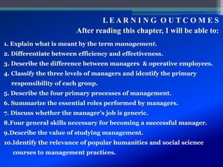 L E A R N I N G O U T C O M E S
After reading this chapter, I will be able to:
1. Explain what is meant by the term management.
2. Differentiate between efficiency and effectiveness.
3. Describe the difference between managers & operative employees.
4. Classify the three levels of managers and identify the primary
responsibility of each group.
5. Describe the four primary processes of management.
6. Summarize the essential roles performed by managers.
7. Discuss whether the manager’s job is generic.
8.Four general skills necessary for becoming a successful manager.
9.Describe the value of studying management.
10.Identify the relevance of popular humanities and social science
courses to management practices.
 