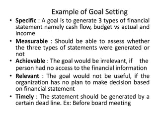 Example of Goal Setting
• Specific : A goal is to generate 3 types of financial
statement namely cash flow, budget vs actual and
income
• Measurable : Should be able to assess whether
the three types of statements were generated or
not
• Achievable : The goal would be irrelevant, if the
person had no access to the financial information
• Relevant : The goal would not be useful, if the
organization has no plan to make decision based
on financial statement
• Timely : The statement should be generated by a
certain dead line. Ex: Before board meeting
 