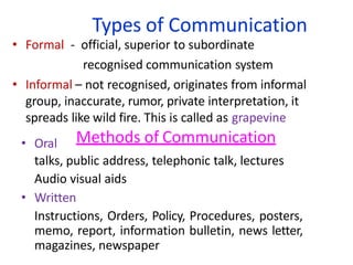 Types of Communication
• Formal - official, superior to subordinate
recognised communication system
• Informal – not recognised, originates from informal
group, inaccurate, rumor, private interpretation, it
spreads like wild fire. This is called as grapevine
• Oral
talks, public address, telephonic talk, lectures
Audio visual aids
• Written
Instructions, Orders, Policy, Procedures, posters,
memo, report, information bulletin, news letter,
magazines, newspaper
Methods of Communication
 