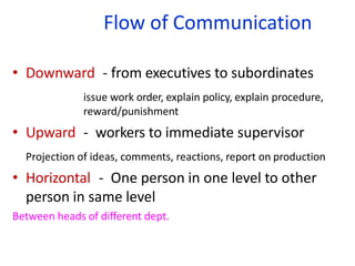 Flow of Communication
• Downward - from executives to subordinates
issue work order, explain policy, explain procedure,
reward/punishment
• Upward - workers to immediate supervisor
Projection of ideas, comments, reactions, report on production
• Horizontal - One person in one level to other
person in same level
Between heads of different dept.
 