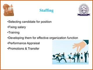 Staffing
•Selecting candidate for position
•Fixing salary
•Training
•Developing them for effective organization function
•...