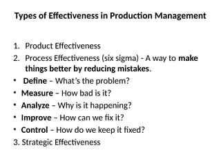 Types of Effectiveness in Production Management
1. Product Effectiveness
2. Process Effectiveness (six sigma) - A way to make
things better by reducing mistakes.
• Define – What’s the problem?
• Measure – How bad is it?
• Analyze – Why is it happening?
• Improve – How can we fix it?
• Control – How do we keep it fixed?
3. Strategic Effectiveness
 