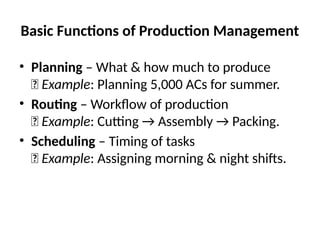Basic Functions of Production Management
• Planning – What & how much to produce
🔹 Example: Planning 5,000 ACs for summer.
• Routing – Workflow of production
🔹 Example: Cutting → Assembly → Packing.
• Scheduling – Timing of tasks
🔹 Example: Assigning morning & night shifts.
 