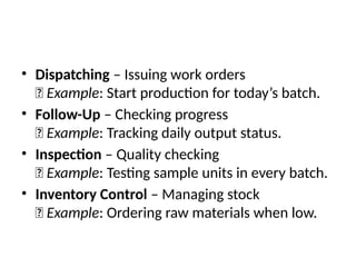 • Dispatching – Issuing work orders
🔹 Example: Start production for today’s batch.
• Follow-Up – Checking progress
🔹 Example: Tracking daily output status.
• Inspection – Quality checking
🔹 Example: Testing sample units in every batch.
• Inventory Control – Managing stock
🔹 Example: Ordering raw materials when low.
 