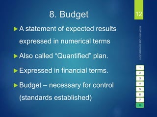 8. Budget
 A statement of expected results
expressed in numerical terms
 Also called “Quantified” plan.
 Expressed in financial terms.
 Budget – necessary for control
(standards established)
12
1
2
3
4
5
6
7
8
 