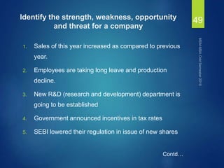 Identify the strength, weakness, opportunity
and threat for a company
1. Sales of this year increased as compared to previous
year.
2. Employees are taking long leave and production
decline.
3. New R&D (research and development) department is
going to be established
4. Government announced incentives in tax rates
5. SEBI lowered their regulation in issue of new shares
49
Contd…
 