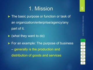 1. Mission
 The basic purpose or function or task of
an organization/enterprise/agency/any
part of it.
 (what they want to do)
 For an example: The purpose of business
– generally is the production and
distribution of goods and services
5
1
2
3
4
5
6
7
8
 