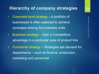 Hierarchy of company strategies
1. Corporate level strategy – A portfolio of
businesses is often selected to achieve
synergies among the business units
2. Business strategy – Gain a Competitive
advantage in a particular area of product line
3. Functional strategy – Strategies are devised for
departments – such as finance, production,
marketing and personnel
59
 