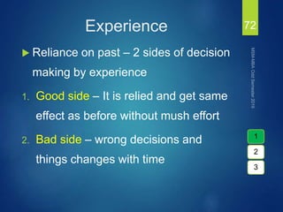Experience
 Reliance on past – 2 sides of decision
making by experience
1. Good side – It is relied and get same
effect as before without mush effort
2. Bad side – wrong decisions and
things changes with time
72
1
2
3
 
