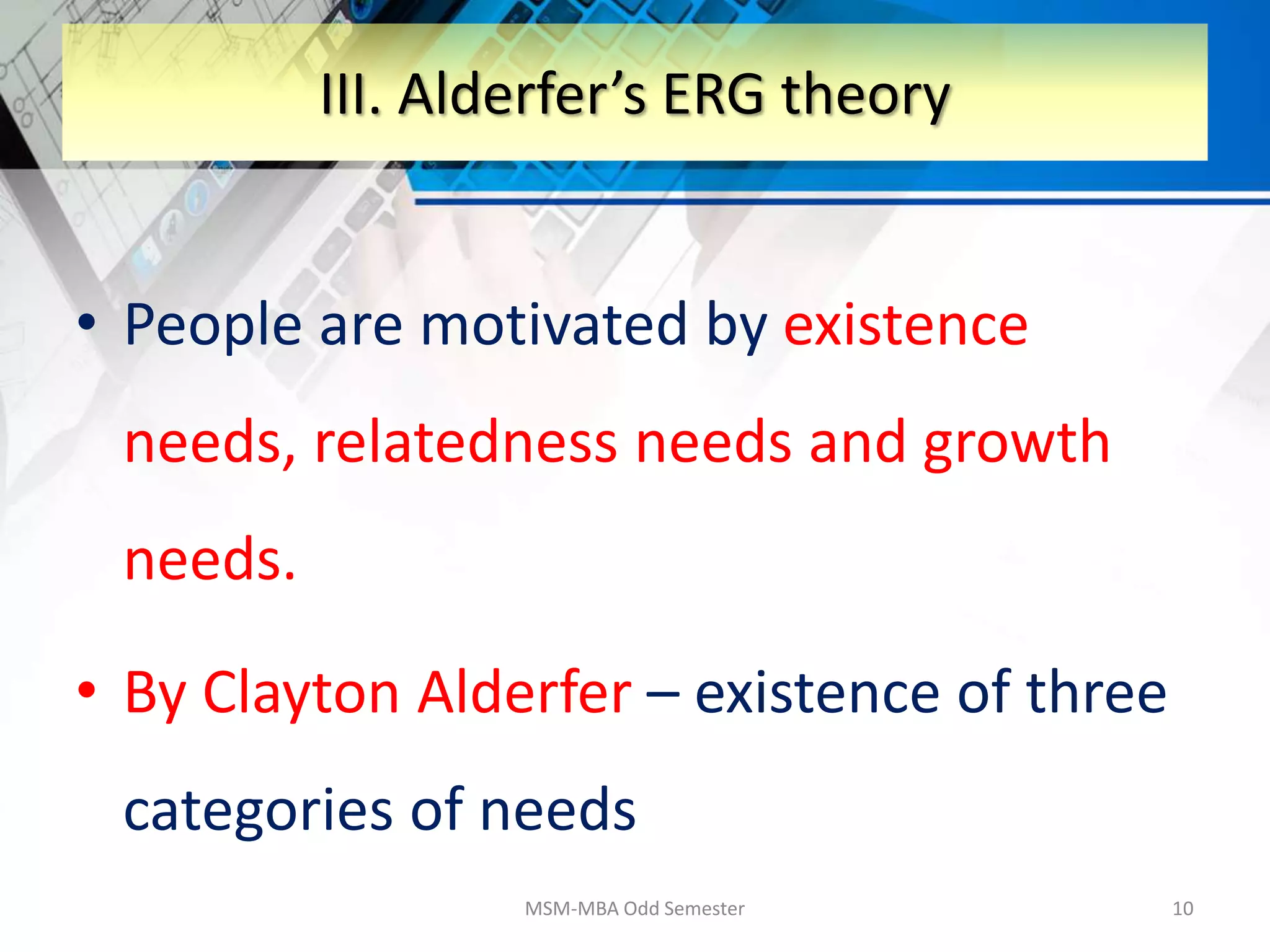 • People are motivated by existence
needs, relatedness needs and growth
needs.
• By Clayton Alderfer – existence of three
categories of needs
MSM-MBA Odd Semester 10
III. Alderfer’s ERG theory
 