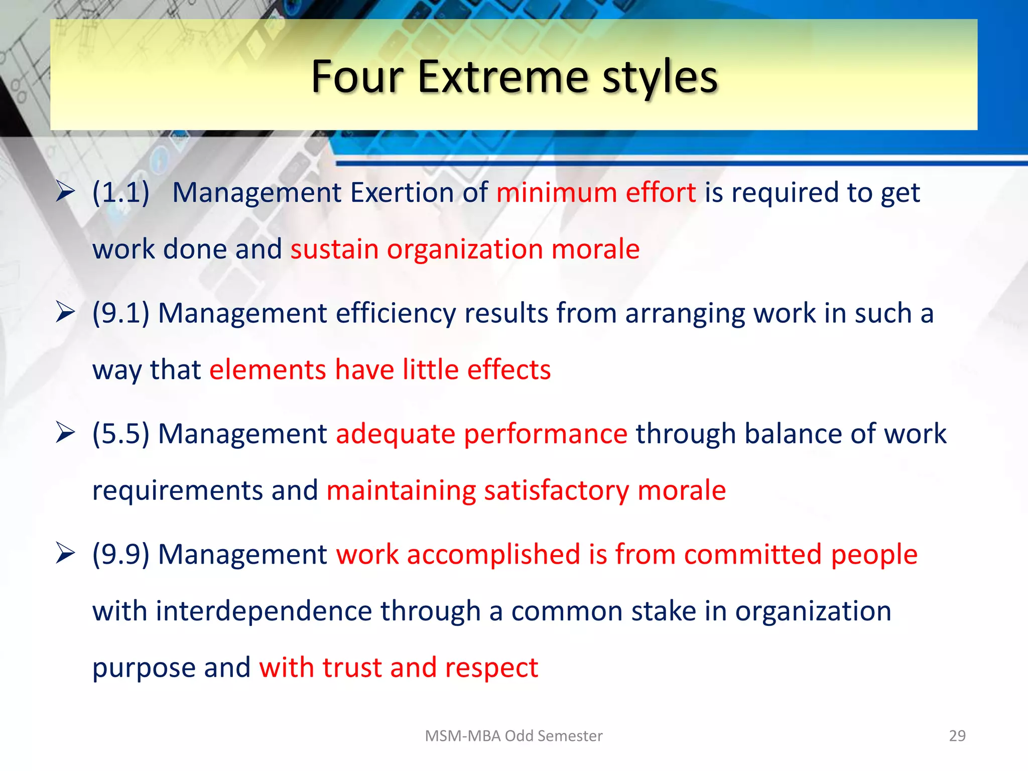  (1.1) Management Exertion of minimum effort is required to get
work done and sustain organization morale
 (9.1) Management efficiency results from arranging work in such a
way that elements have little effects
 (5.5) Management adequate performance through balance of work
requirements and maintaining satisfactory morale
 (9.9) Management work accomplished is from committed people
with interdependence through a common stake in organization
purpose and with trust and respect
MSM-MBA Odd Semester 29
Four Extreme styles
 