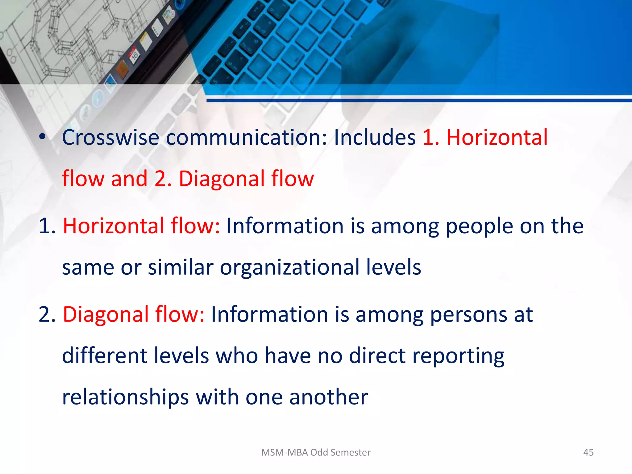 • Crosswise communication: Includes 1. Horizontal
flow and 2. Diagonal flow
1. Horizontal flow: Information is among people on the
same or similar organizational levels
2. Diagonal flow: Information is among persons at
different levels who have no direct reporting
relationships with one another
MSM-MBA Odd Semester 45
 