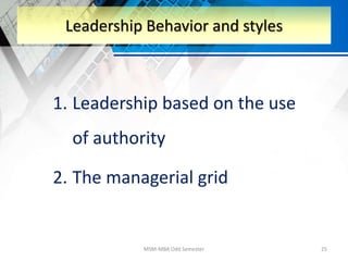 1. Leadership based on the use
of authority
2. The managerial grid
MSM-MBA Odd Semester 25
Leadership Behavior and styles
 