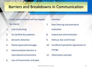 • Good communication will not happen
by chance
1. Lack of planning
2. Un clarified Assumptions
3. Semantic distortion
4. Poorly expressed messages
5. Communication barriers in
international environment
6. Loss of transmission and poor
retention
7. Poor listening and premature
evaluation
8. Impersonal communication
9. Distrust, fear and Ill treat
10. Insufficient period for adjustment to
change
11. Information overload
MSM-MBA Odd Semester 49
Barriers and Breakdowns in Communication
 