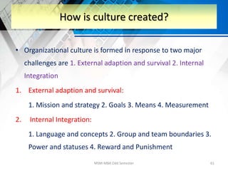 • Organizational culture is formed in response to two major
challenges are 1. External adaption and survival 2. Internal
Integration
1. External adaption and survival:
1. Mission and strategy 2. Goals 3. Means 4. Measurement
2. Internal Integration:
1. Language and concepts 2. Group and team boundaries 3.
Power and statuses 4. Reward and Punishment
MSM-MBA Odd Semester 61
How is culture created?
 