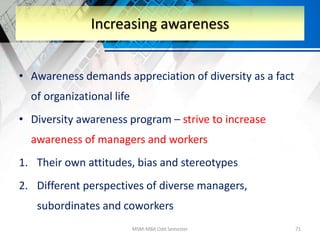 • Awareness demands appreciation of diversity as a fact
of organizational life
• Diversity awareness program – strive to increase
awareness of managers and workers
1. Their own attitudes, bias and stereotypes
2. Different perspectives of diverse managers,
subordinates and coworkers
MSM-MBA Odd Semester 71
Increasing awareness
 