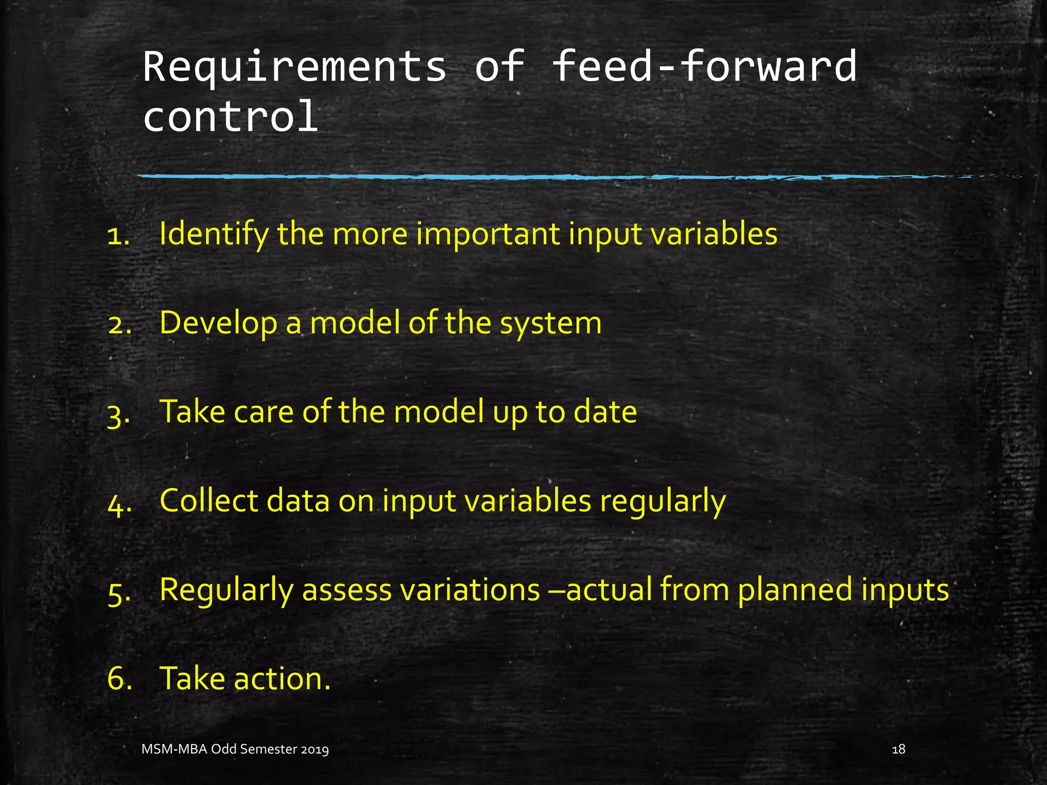 Requirements of feed-forward
control
1. Identify the more important input variables
2. Develop a model of the system
3. Take care of the model up to date
4. Collect data on input variables regularly
5. Regularly assess variations –actual from planned inputs
6. Take action.
MSM-MBA Odd Semester 2019 18
 