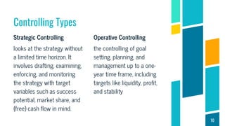 Strategic Controlling
looks at the strategy without
a limited time horizon. It
involves drafting, examining,
enforcing, and monitoring
the strategy with target
variables such as success
potential, market share, and
(free) cash flow in mind.
Controlling Types
Operative Controlling
the controlling of goal
setting, planning, and
management up to a one-
year time frame, including
targets like liquidity, profit,
and stability
10
 