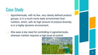 Case Study
▸ Agrochemicals, with its few, very clearly defined product
groups, is in a much more static environment than
nutrition, which, with its high amount of product diversity,
is in a highly dynamic environment.
▸ She sees a low need for controlling in agrochemicals,
whereas nutrition requires a high level of control.
17
 