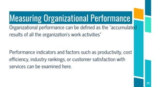 Measuring Organizational Performance
Organizational performance can be defined as the “accumulated
results of all the organization's work activities”
Performance indicators and factors such as productivity, cost
efficiency, industry rankings, or customer satisfaction with
services can be examined here.
24
 