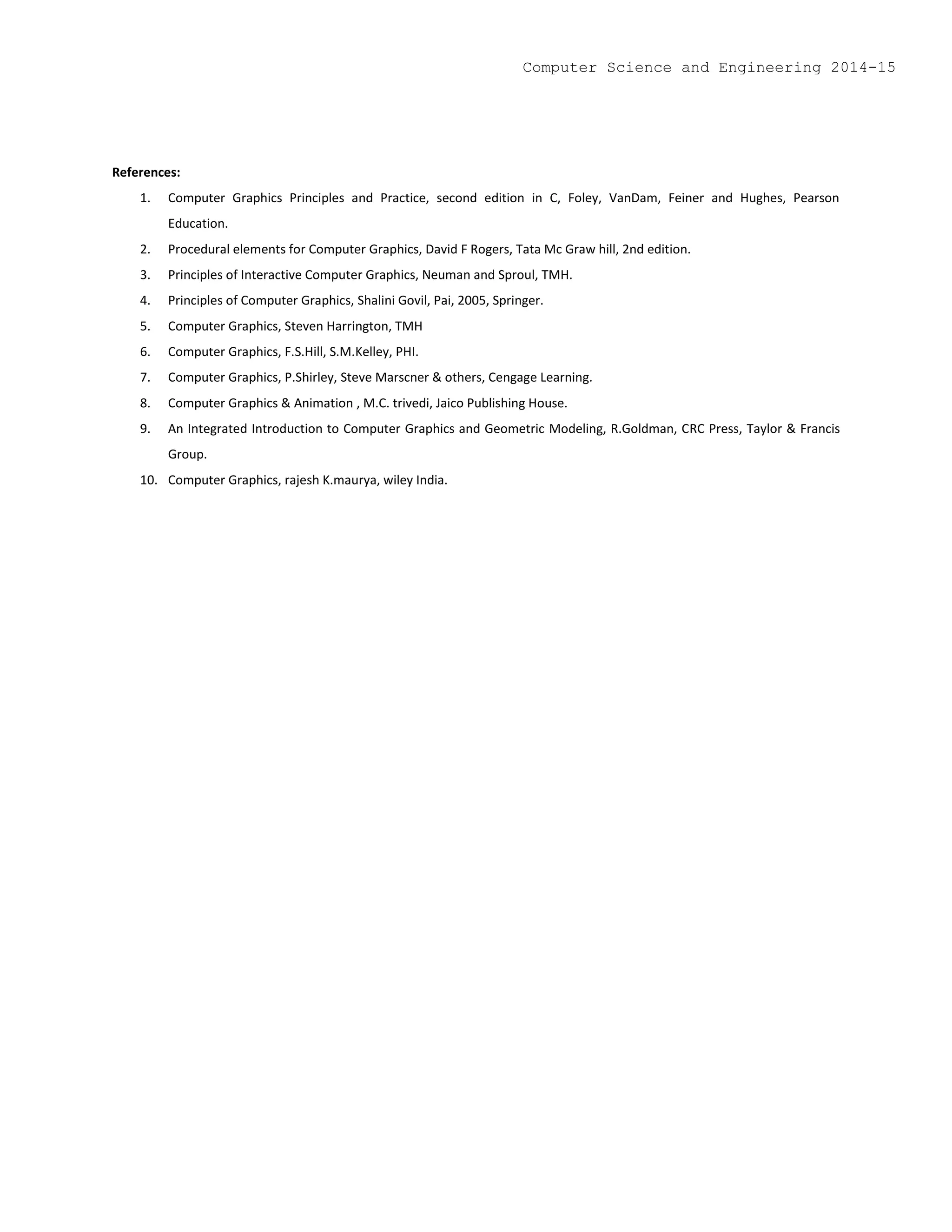 References:
1. Computer Graphics Principles and Practice, second edition in C, Foley, VanDam, Feiner and Hughes, Pearson
Education.
2. Procedural elements for Computer Graphics, David F Rogers, Tata Mc Graw hill, 2nd edition.
3. Principles of Interactive Computer Graphics, Neuman and Sproul, TMH.
4. Principles of Computer Graphics, Shalini Govil, Pai, 2005, Springer.
5. Computer Graphics, Steven Harrington, TMH
6. Computer Graphics, F.S.Hill, S.M.Kelley, PHI.
7. Computer Graphics, P.Shirley, Steve Marscner & others, Cengage Learning.
8. Computer Graphics & Animation , M.C. trivedi, Jaico Publishing House.
9. An Integrated Introduction to Computer Graphics and Geometric Modeling, R.Goldman, CRC Press, Taylor & Francis
Group.
10. Computer Graphics, rajesh K.maurya, wiley India.
Computer Science and Engineering 2014-15
 