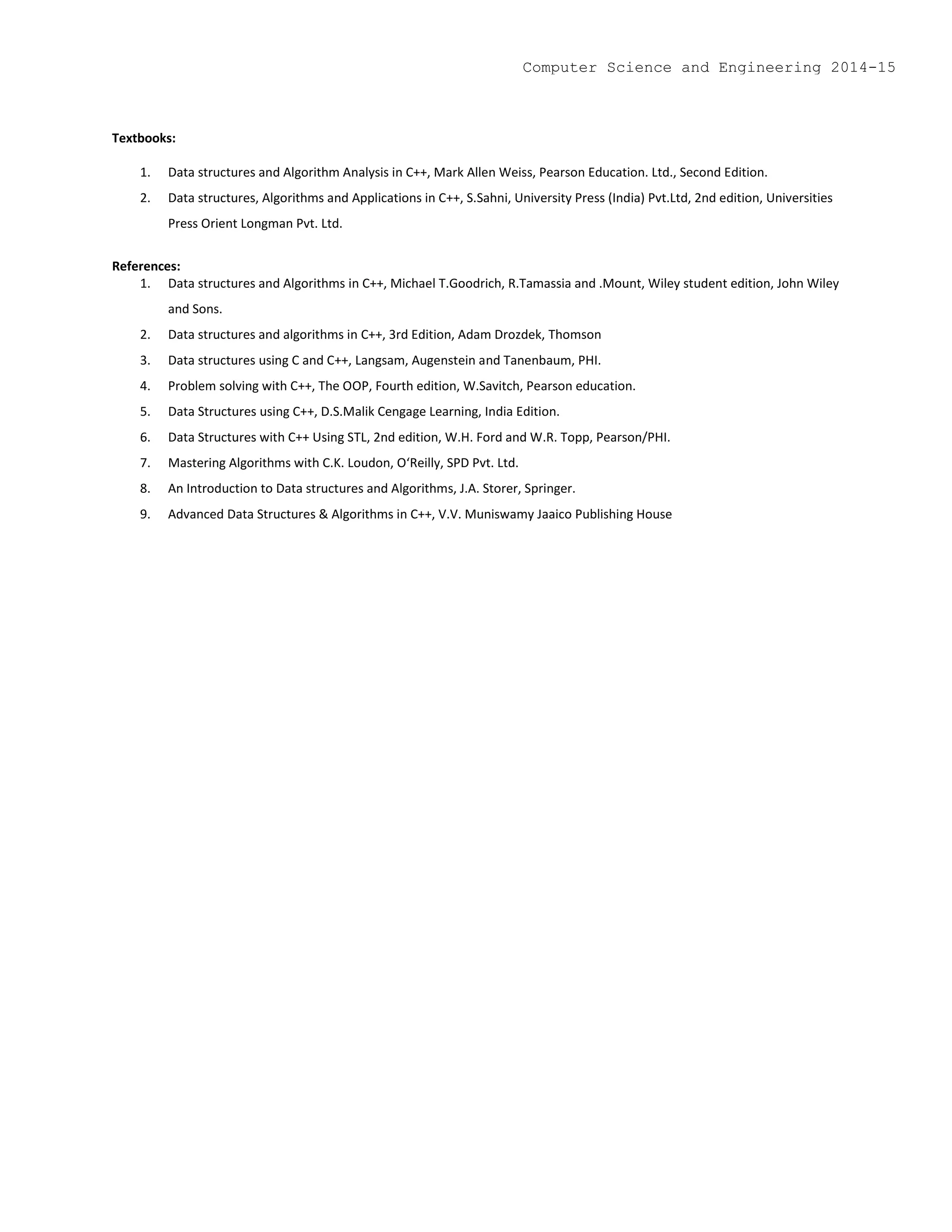 Textbooks:
1. Data structures and Algorithm Analysis in C++, Mark Allen Weiss, Pearson Education. Ltd., Second Edition.
2. Data structures, Algorithms and Applications in C++, S.Sahni, University Press (India) Pvt.Ltd, 2nd edition, Universities
Press Orient Longman Pvt. Ltd.
References:
1. Data structures and Algorithms in C++, Michael T.Goodrich, R.Tamassia and .Mount, Wiley student edition, John Wiley
and Sons.
2. Data structures and algorithms in C++, 3rd Edition, Adam Drozdek, Thomson
3. Data structures using C and C++, Langsam, Augenstein and Tanenbaum, PHI.
4. Problem solving with C++, The OOP, Fourth edition, W.Savitch, Pearson education.
5. Data Structures using C++, D.S.Malik Cengage Learning, India Edition.
6. Data Structures with C++ Using STL, 2nd edition, W.H. Ford and W.R. Topp, Pearson/PHI.
7. Mastering Algorithms with C.K. Loudon, O‘Reilly, SPD Pvt. Ltd.
8. An Introduction to Data structures and Algorithms, J.A. Storer, Springer.
9. Advanced Data Structures & Algorithms in C++, V.V. Muniswamy Jaaico Publishing House
Computer Science and Engineering 2014-15
 