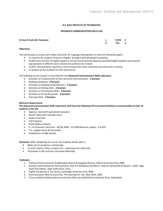 B.V. RAJU INSTITUTE OF TECHNOLOGY
ADVANCED COMMUNICATION SKILLS LAB
III Year B.Tech CSE I Semester L T/P/D C
0 -/3/- 2
Objectives:
This Lab focuses on using multi-media instruction for language development to meet the following targets:
 To improve the students’ fluency in English, through a well-developed vocabulary
 Enable them to listen to English spoken at normal conversational speed by educated English speakers and respond
appropriately in different socio-cultural and professional contexts
 Further, they would be required to communicate their ideas relevantly and coherently in writing
 To prepare all the students for their placements
The following course content is prescribed for the Advanced Communication Skills Laboratory
 Activities on Fundamentals of Inter-personal Communication - 3 Sessions
 Building Vocabulary- 3 Sessions
 Activities on Reading Comprehension - 3 Sessions
 Activities on Writing Skills - 3 Sessions
 Activities on Presentation Skills - 3 Sessions
 Activities on Group Discussion - 3 Sessions
 Interview Skills - 3 Sessions
Minimum Requirement
The Advanced communication Skills Laboratory shall have the following infra-structural facilities to accommodate at least 35
students in the lab:
 Spacious room with appropriate acoustics
 Round Tables with movable chairs
 Audio-visual aids
 LCD Projector
 Public Address System
 P – IV Processor, Hard Disk – 80 GB, RAM – 512 MB Minimum, Speed – 2.8 GHZ
 T.V, a digital stereo & Camcorder
 Headphones of High Quality
Outcomes: After completing the course, the students will be able to
 Make use of vocabulary contextually.
 To write reports, letters, projects etc., cohesively and coherently
 Participate in GDs and face interviews effectively.
Textbooks:
1. Technical Communication by Meenakshi Raman & Sangeeta Sharma, Oxford University Press 2009.
2. Business and Professional Communiction: Keys for Workplace Excellence. Kelly M. Quintanilla & Shawn T. Wahl. Sage
South Asia Edition. Sage Publications. 2011.
3. English Vocabulary in Use Series, Cambridge University Press 2008.
4. Communication Skills by Leena Sen, PHI Learning Pvt. Ltd., New Delhi, 2009.
5. A Course Book of Advanced Communication Skills Lab published by University Press, Hyderabad
Computer Science and Engineering 2014-15
 