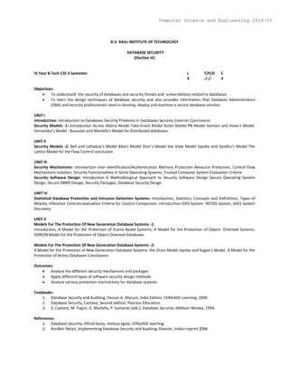 B.V. RAJU INSTITUTE OF TECHNOLOGY
DATABASE SECURITY
(Elective III)
IV Year B.Tech CSE II Semester L T/P/D C
4 -/-/- 4
Objectives:
 To understand the security of databases and security threats and vulnerabilities related to databases
 To learn the design techniques of database security and also provides information that Database Administrators
(DBA) and security professionals need to develop, deploy and maintain a secure database solution
UNIT I
Introduction: Introduction to Databases Security Problems in Databases Security Controls Conclusions
Security Models -1: Introduction Access Matrix Model Take-Grant Model Acten Model PN Model Hartson and Hsiao's Model,
Fernandez's Model . Bussolati and Martella's Model for Distributed databases
UNIT II
Security Models -2: Bell and LaPadula's Model Biba's Model Dion's Model Sea View Model Jajodia and Sandhu's Model The
Lattice Model for the Flow Control conclusion.
UNIT III
Security Mechanisms: Introduction User Identification/Authentication Memory Protection Resource Protection, Control Flow
Mechanisms Isolation, Security Functionalities in Some Operating Systems, Trusted Computer System Evaluation Criteria
Security Software Design: Introduction A Methodological Approach to Security Software Design Secure Operating System
Design, Secure DBMS Design, Security Packages, Database Security Design
UNIT IV
Statistical Database Protection and Intrusion Detection Systems: Introduction, Statistics, Concepts and Definitions, Types of
Attacks, Inference Controls evaluation Criteria for Control Comparison .Introduction IDES System, RETISS System, ASES System
Discovery
UNIT V
Models For The Protection Of New Generation Database Systems -1:
Introduction, A Model for the Protection of Frame Based Systems, A Model for the Protection of Object- Oriented Systems,
SORION Model for the Protection of Object-Oriented Databases
Models For The Protection Of New Generation Database Systems -2:
A Model for the Protection of New Generation Database Systems: the Orion Model Jajodia and Kogan's Model, A Model for the
Protection of Active Databases Conclusions
Outcomes:
 Analyze the different security mechanisms and packages
 Apply different types of software security design methods
 Analyze various protection mechanisms for database systems.
Textbooks:
1. Database Security and Auditing, Hassan A. Afyouni, India Edition, CENGAGE Learning, 2009.
2. Database Security, Castano, Second edition, Pearson Education.
3. S. Castano, M. Fugini, G. Martella, P. Samarati (eds.), Database Security, Addison-Wesley, 1994.
References:
1. Database Security, Alfred basta, melissa zgola, CENGAGE learning.
2. RonBen Natan, Implementing Database Security and Auditing, Elsevier, Indian reprint 2006
Computer Science and Engineering 2014-15
 
