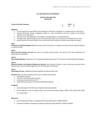 B.V. RAJU INSTITUTE OF TECHNOLOGY
BIG DATA AND ANALYTICS
(Elective III)
IV Year B.Tech CSE II Semester L T/P/D C
4 -/-/- 4
Objectives:
 Critically appraise the opportUNITies and challenges of information management in complex business environments
 Evaluate information storage management design in a cloud environment and how it relates to the business
objectives of an organization
 Analyze the role technology plays in the design of a storage solution in a cloud architecture
 Investigate how a global storage solution can be optimized so that it can be delivered successfully from the cloud
 Analyze how best to provide reliable access to information both locally and remotely using storage technologies
UNIT I
Introduction to Big Data Analytics: Big Data overview, State of the practice in analytics role of data scientists, Big Data Analytics
in industry verticals.
UNIT II
End-to-end Data Analytics Life Cycle: key roles for successful analytic project, main phases of life cycle, developing core
deliverables for stakeholders.
UNIT III
Basic Analytic Methods: introduction to “R”, analyzing and exploring data with “R”, Statistics for model building and evaluation.
UNIT IV
Advanced Analytics and Statistical Modeling for Big Data: Naïve Bayseian Classifier, K-means Clustering, Association Rules,
Decision Trees, Linear and Logistic Regression, Time Series Analysis, Text Analytics
UNIT V
Technology and Tools - MapReduce/Hadoop, MapR M3 and advanced SQL Tools.
Outcomes: After successful completion of this course, students will be able to:
 Give Big Data overview.
 Find End-to-end Data Analytics Life Cycle.
 Analyzing and exploring data with “R”.
 Model Advanced Analytics and Statistical Modeling for Big Data.
Textbooks:
1. Noreen Burlingame ,The little book on Big Data, New Street publisher
2. Norman Matloff ,The Art of R Programming: A Tour of Statistical Software Design , ISBN-13: 978-1-59327-384-2; ISBN-
10: 1-59327-384-3.
References:
1. Real-Time Big Data Analytics: Emerging Architecture by Mike Barlow, O’Reilley Publisher.
2. Disruptive Possibilities: How Big Data Changes Everything by Jeffrey Needham, O’Reilley Publisher.
Computer Science and Engineering 2014-15
 